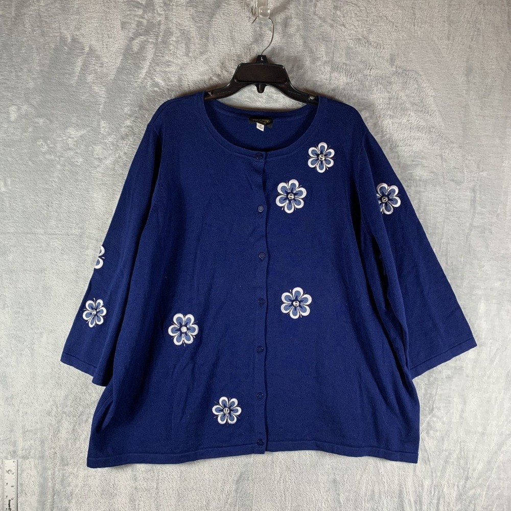 Bob Mackie Women's Cardigan 3X Blue Flower Embroidered Beaded Button Up Artsy